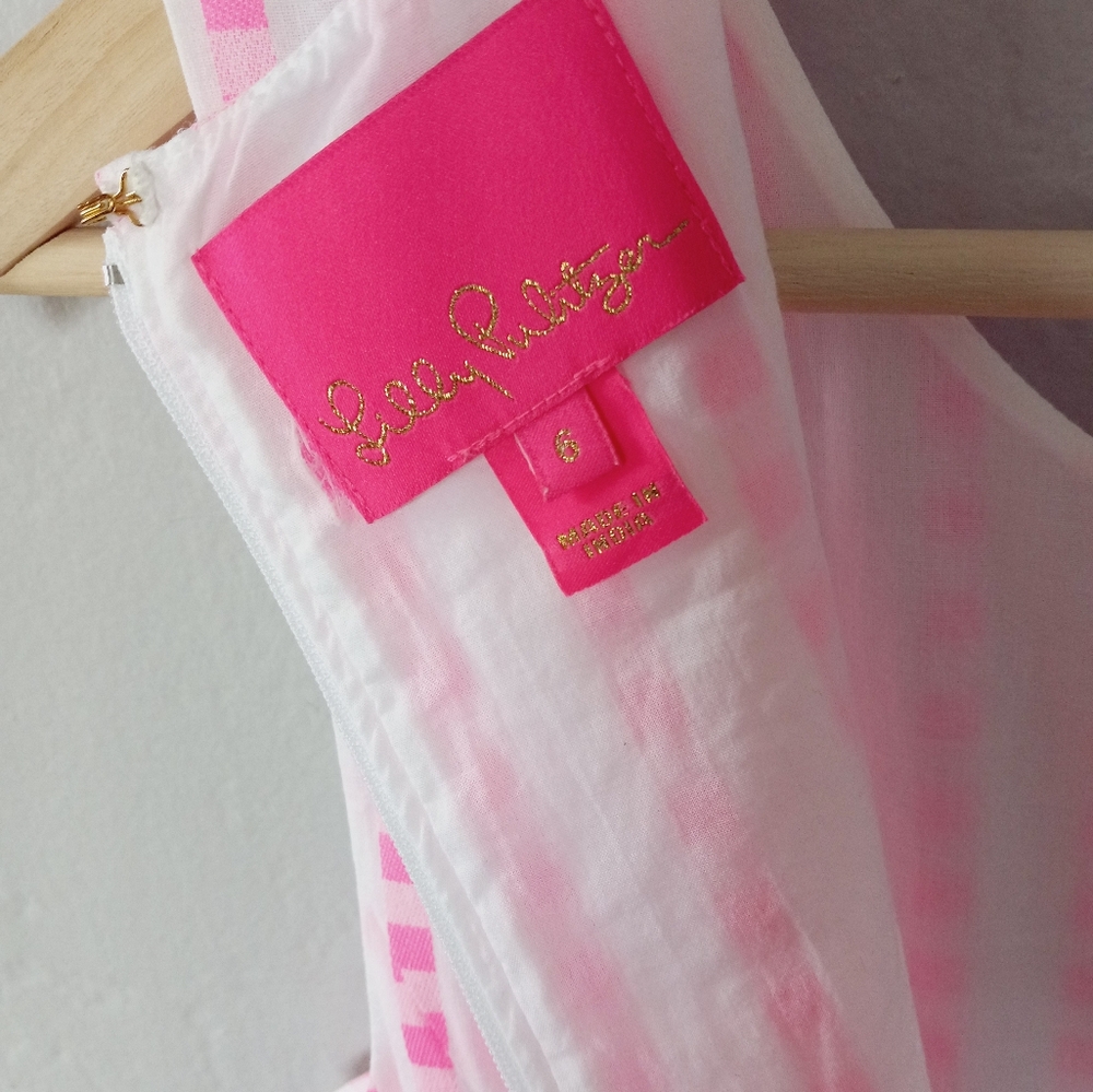 Lilly Pulitzer Maybella Tiered Midi Dress Pink Isle Gingham Lace Insert 6 - Picture 8 of 16
